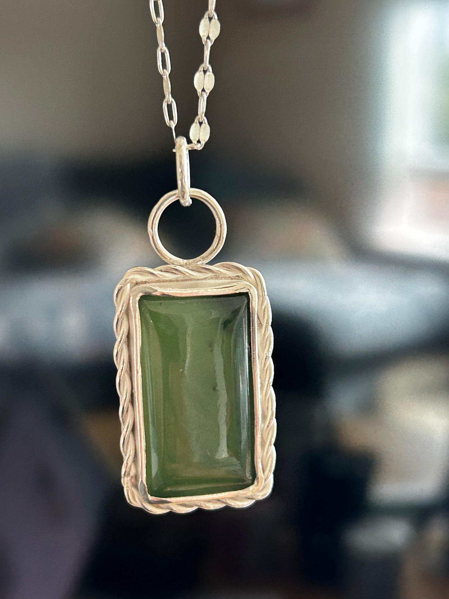 Nephrite Jade Rectangle Pendant with Sterling Chain