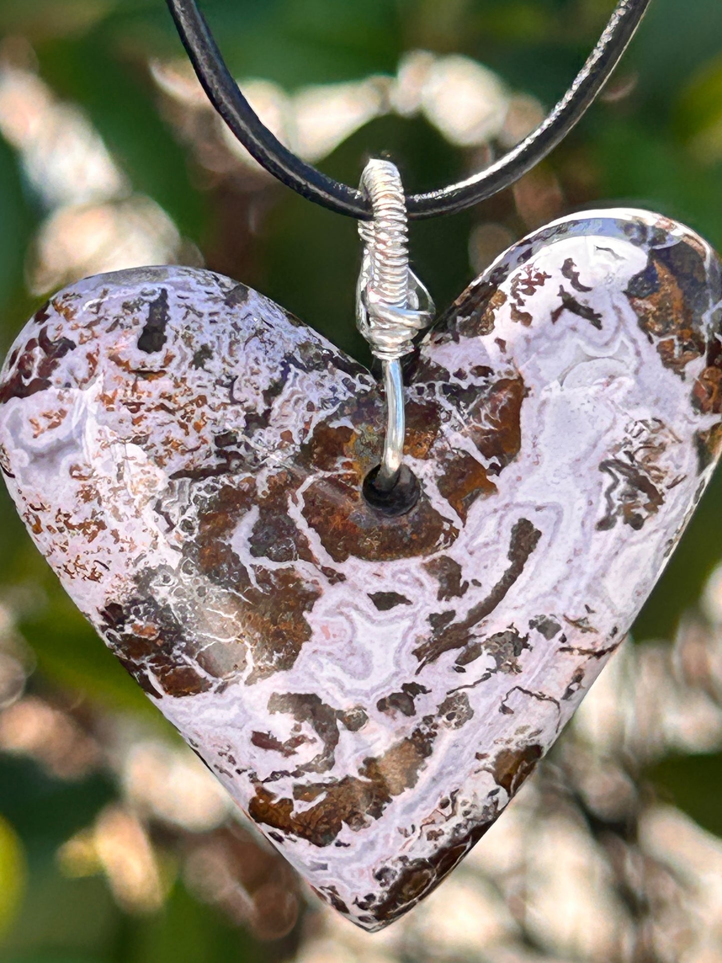 Pink Paisley Plume Agate Heart Pendant