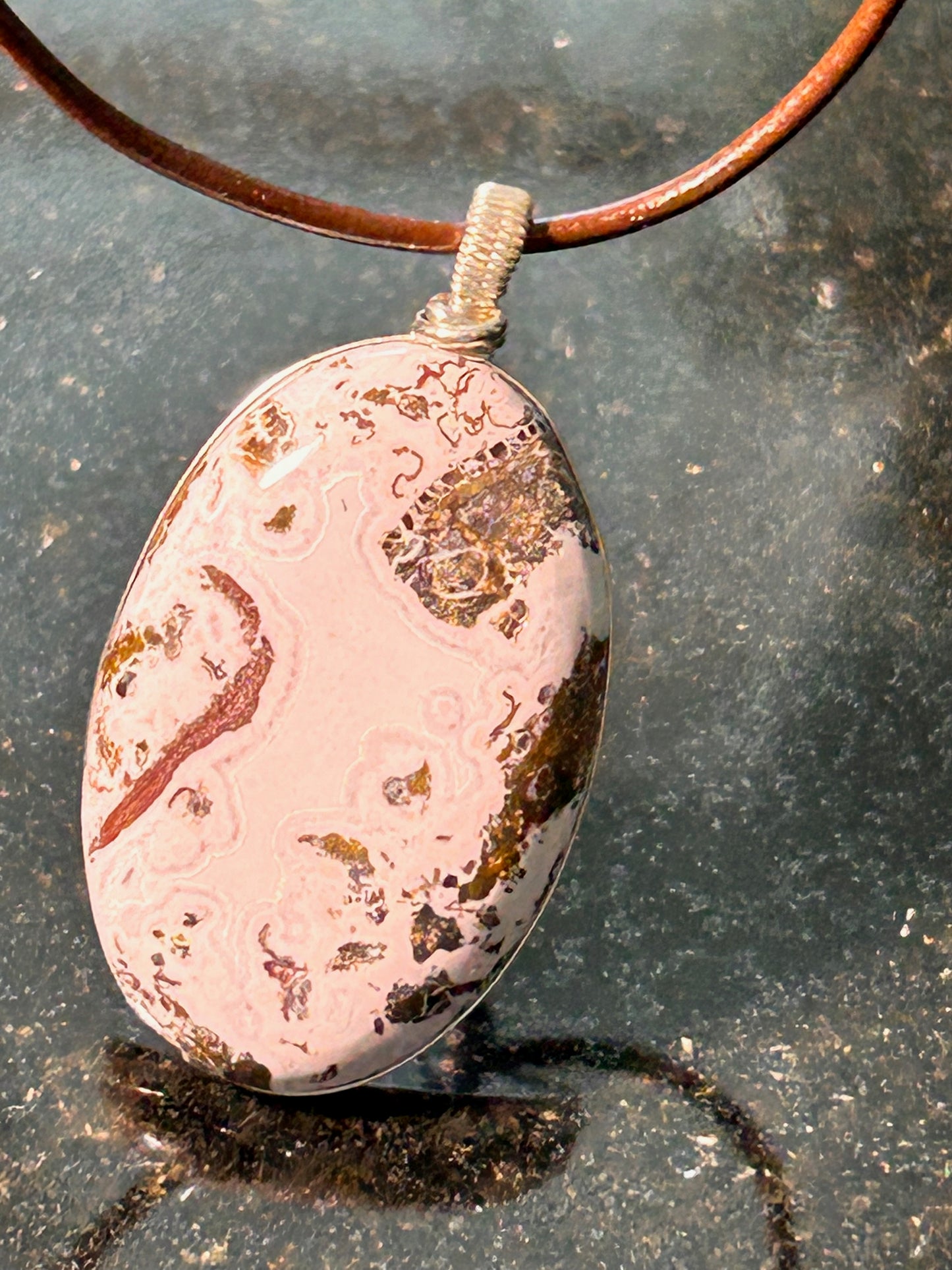Pink Paisley Plume Agate Oval Pendant