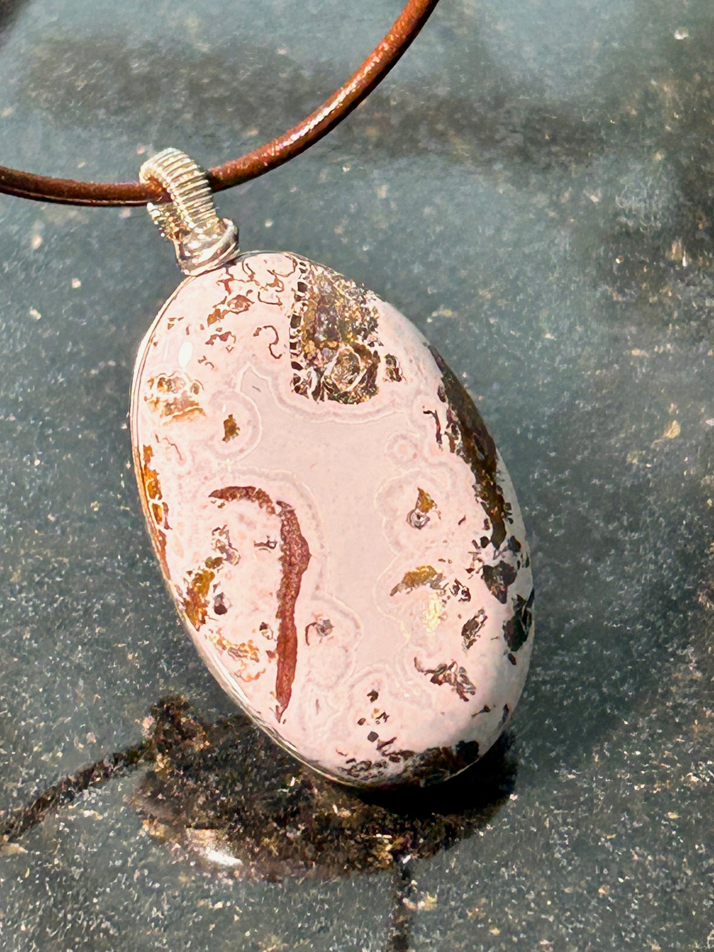 Pink Paisley Plume Agate Oval Pendant