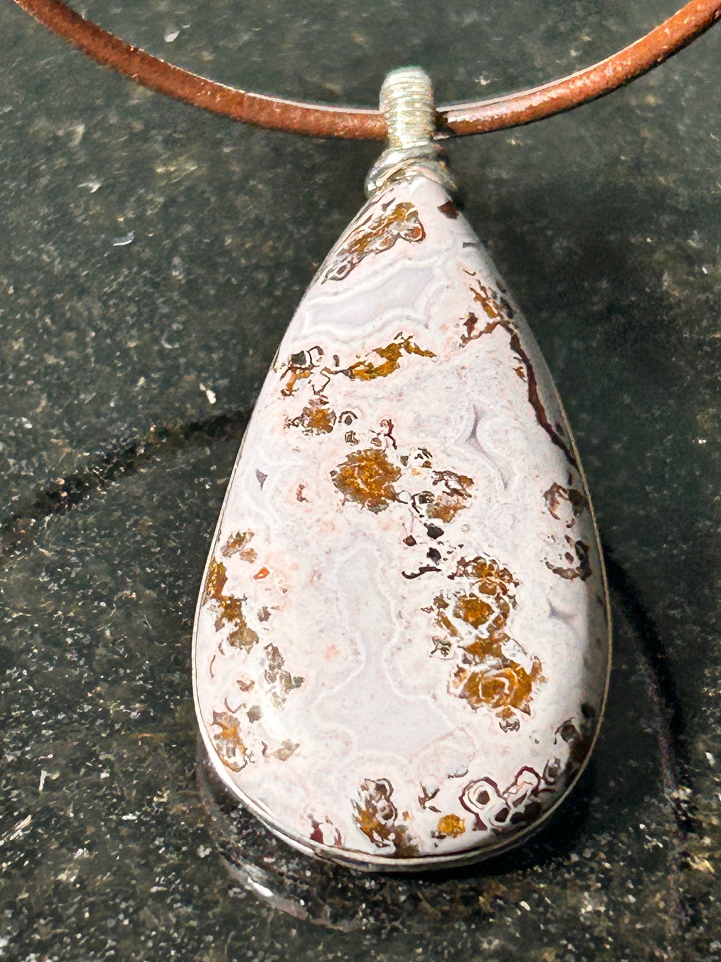 Pink Paisley Plume Agate Teardrop Pendant
