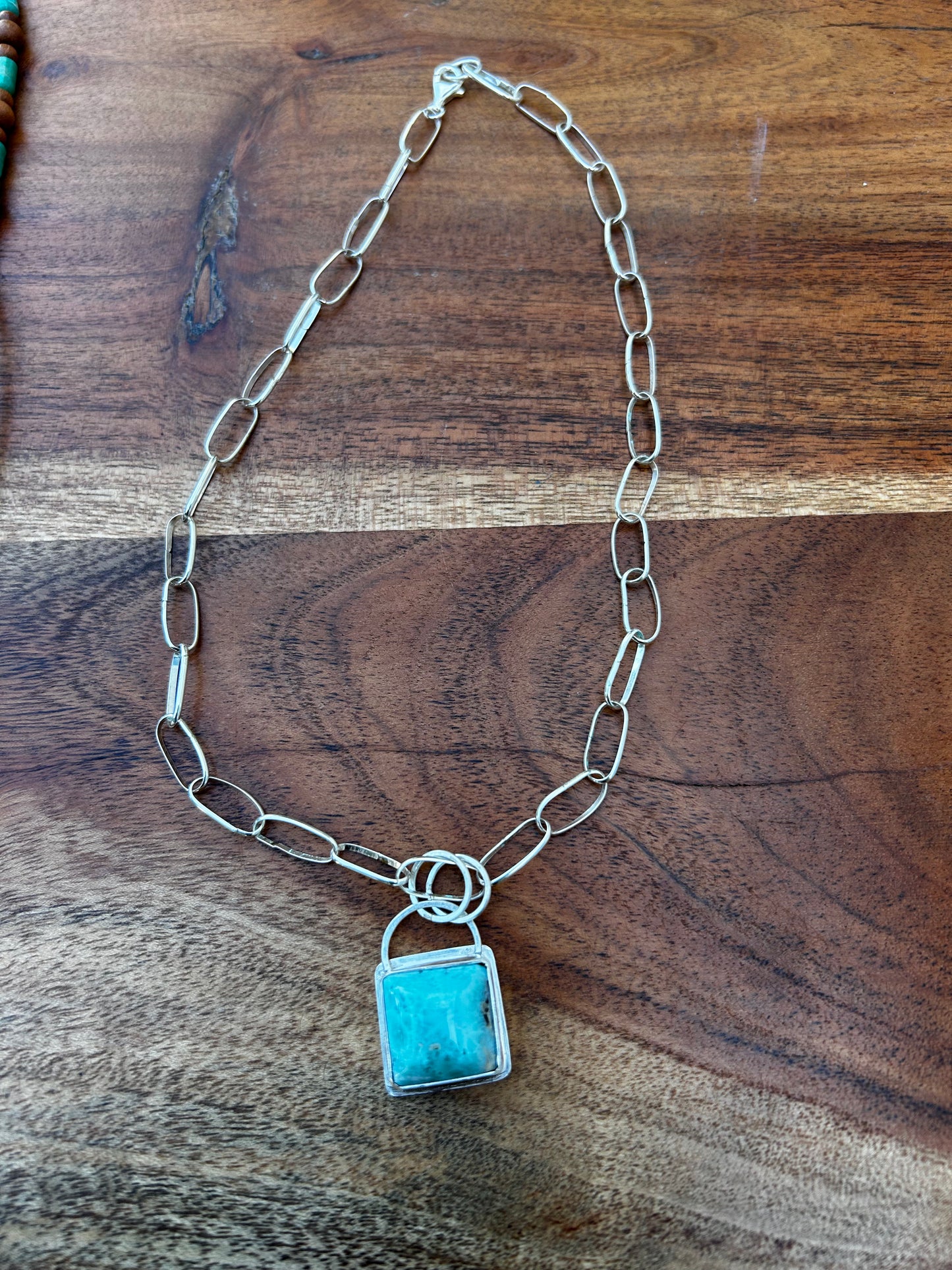 Larimar Square Pendant on Handmade Sterling Chain