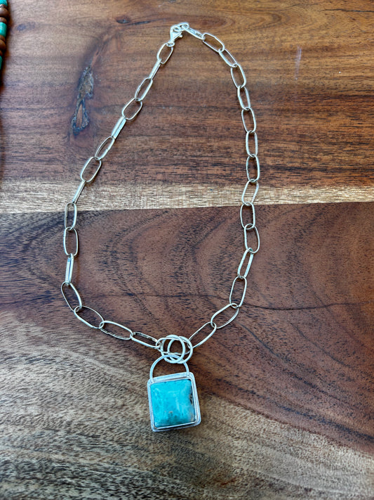Larimar Square Pendant on Handmade Sterling Chain