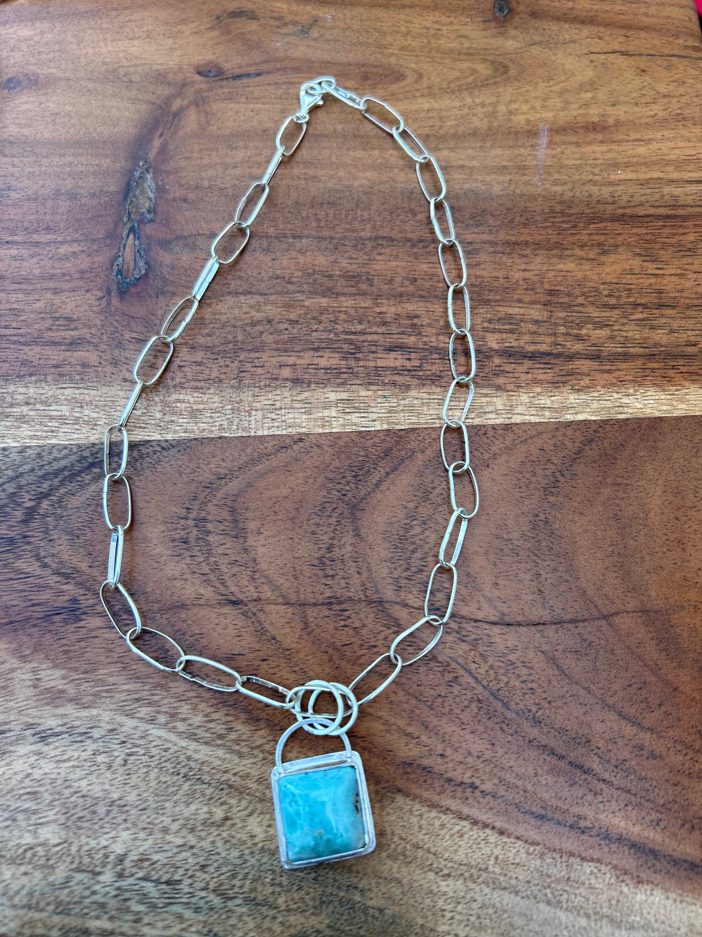 Larimar Square Pendant on Handmade Sterling Chain