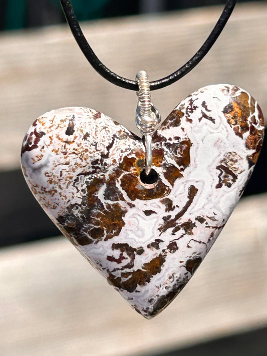 Pink Paisley Plume Agate Heart Pendant