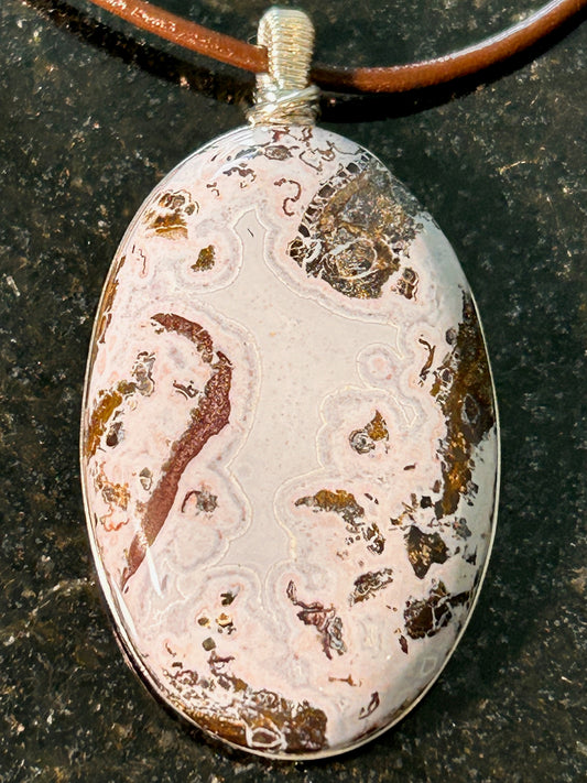 Pink Paisley Plume Agate Oval Pendant