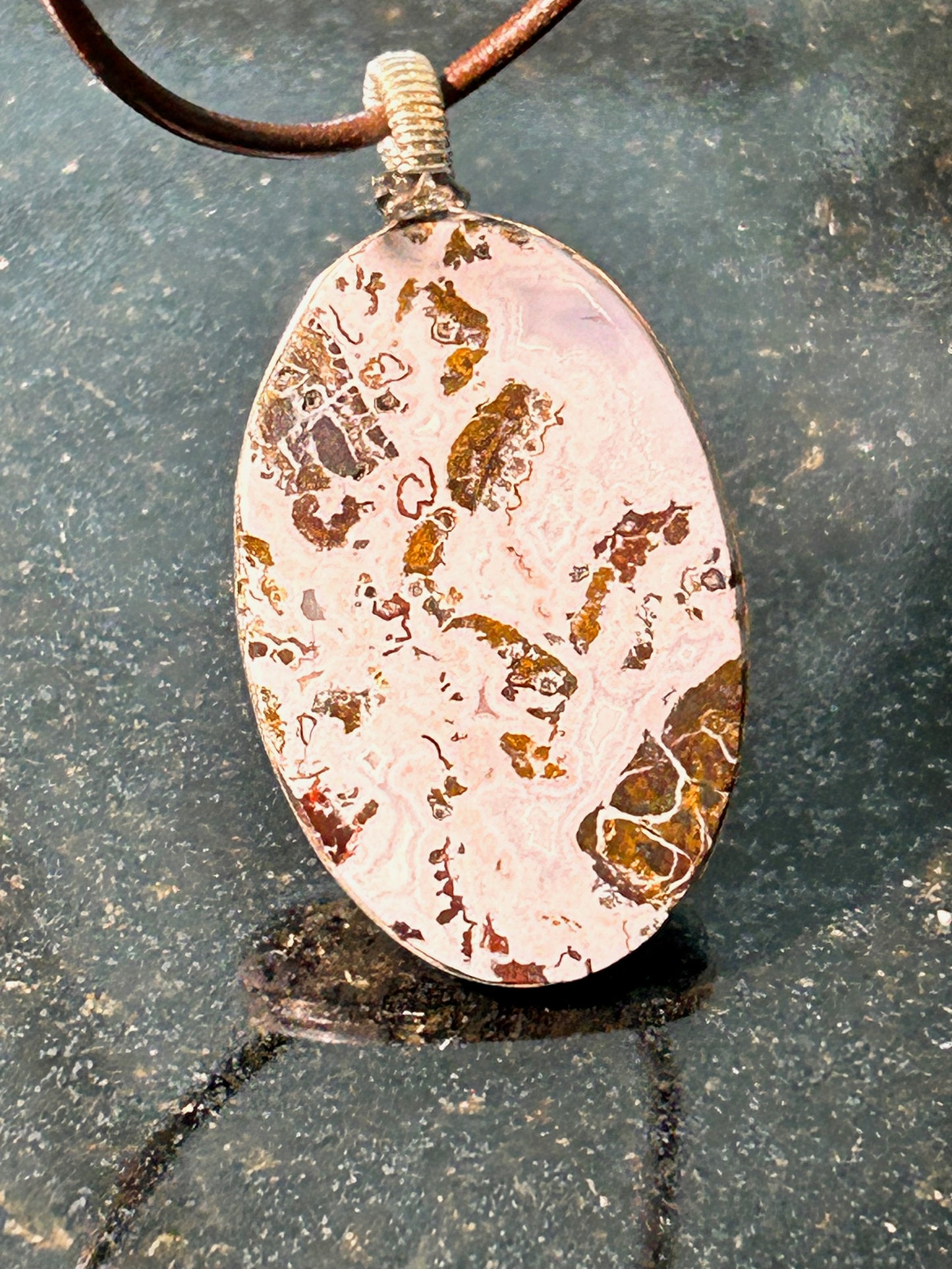 Pink Paisley Plume Agate Oval Pendant