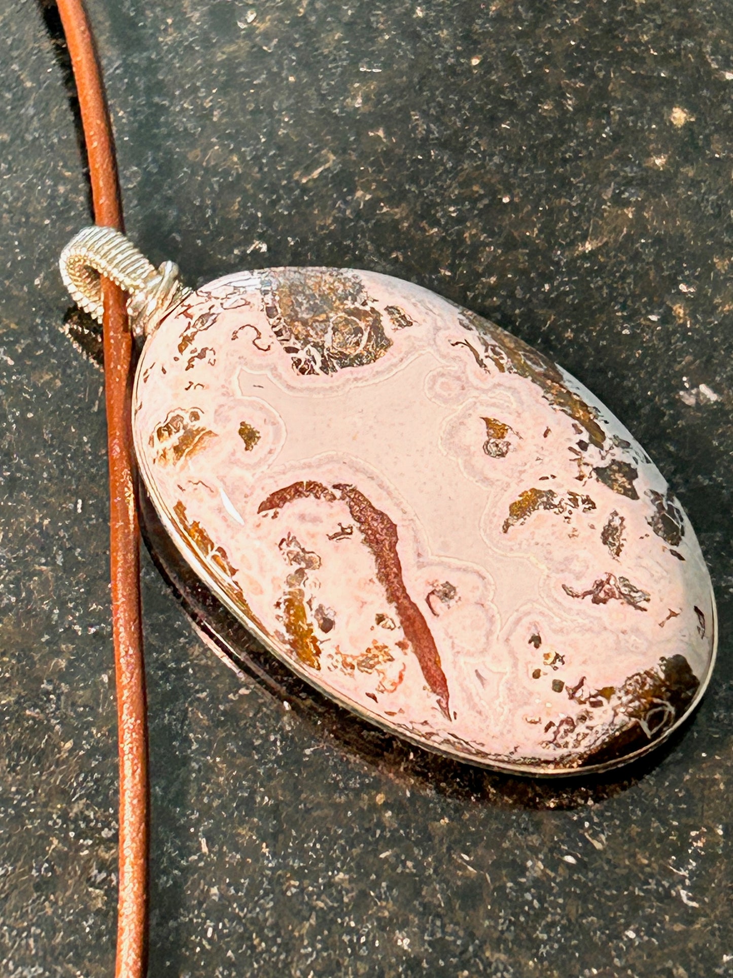 Pink Paisley Plume Agate Oval Pendant