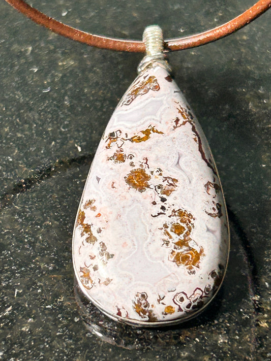 Pink Paisley Plume Agate Teardrop Pendant